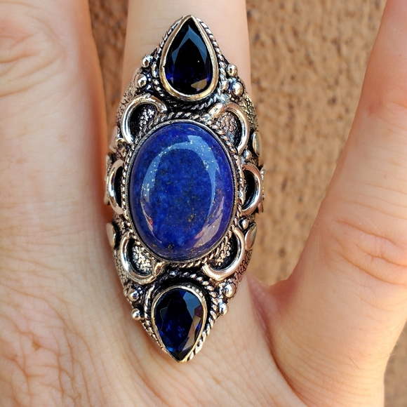 New Lapis Lazuli & Blue Topaz 925 Silver Statement Ring. - Picture 2 of 15
